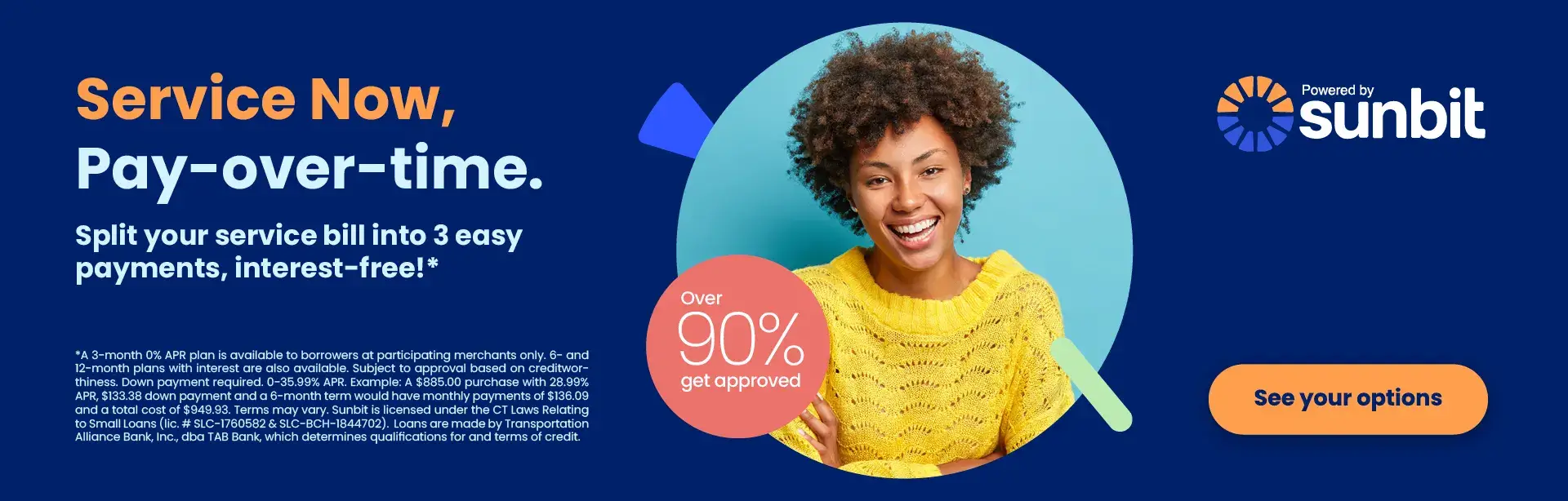 Sunbit financing banner - Service Now, Pay over time